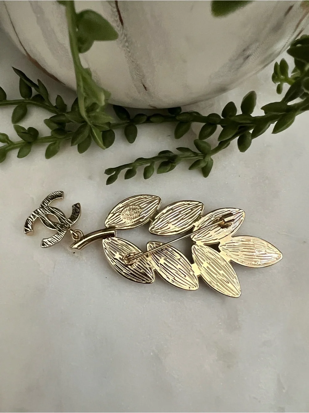 CHANEL Gold-Tone Leaf Brooch with Blue, Pink & Gold Enamel